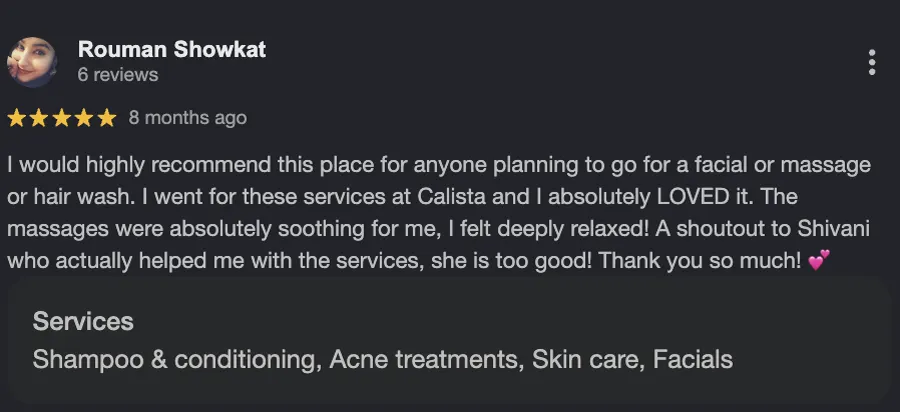 Google review for Calista Eseis salon